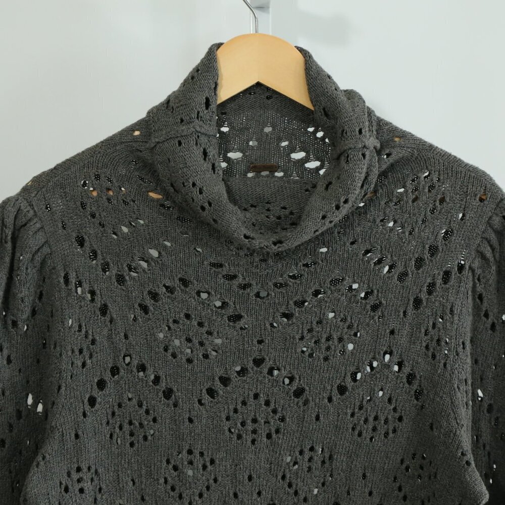 Free People Gray Open Knit Crochet Turtleneck Sweater Women’s M/L Scallop Hem - Picture 3 of 8